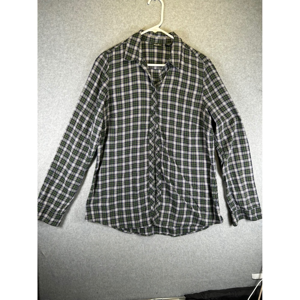 Wear*Eddie Bauer Women Green Plaid Long Sleeve Button Down Shirt Sz L Cotton Mix